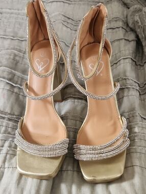 Windsor Gold Rhinestone Strappy Block Heel Sandals